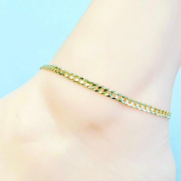 14K Yellow Gold Cuban Link Chain Anklet Bracelet 10" foot Bracelet for Womens - Picture 4 of 10